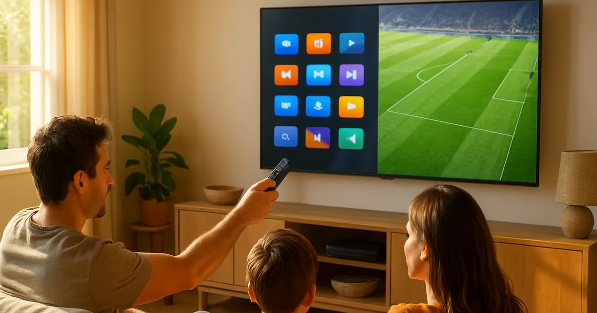 Famiglia in un soggiorno luminoso che guarda una partita di calcio su una Smart TV a parete, con il telecomando puntato verso la griglia di un'app, senza dispositivi esterni collegati