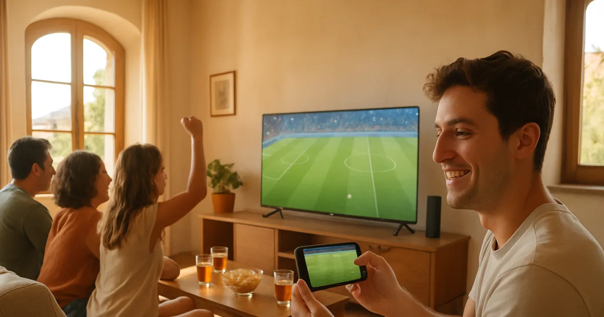 Famiglia e amici in un salotto luminoso d'estate guardano una partita dei Mondiali su una Smart TV, con uno smartphone come secondo schermo, in un momento sereno e senza interruzioni.