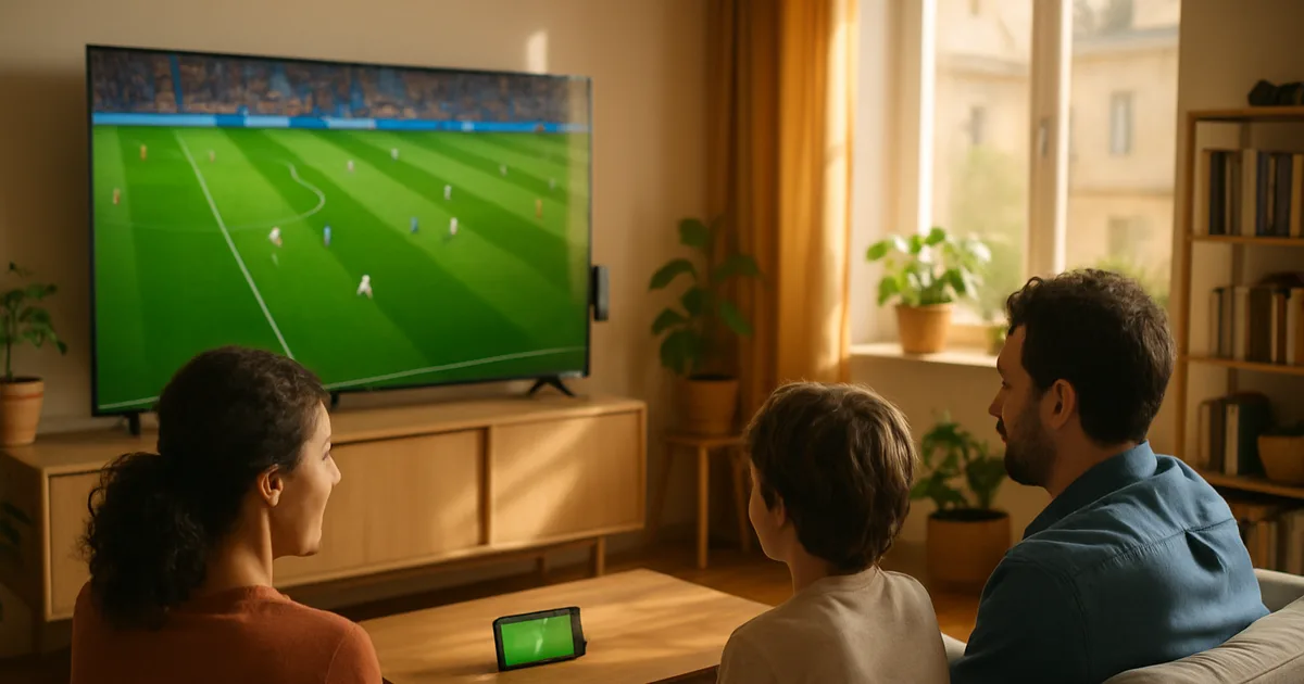 Una famiglia italiana guarda una partita dei Mondiali su una smart TV in un soggiorno luminoso, con uno streaming stick collegato e uno smartphone che mostra la stessa partita sul tavolino.