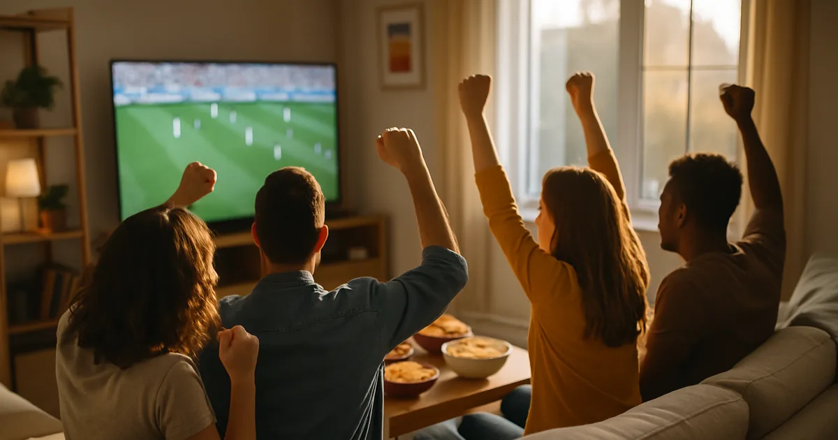 Amici che guardano insieme una partita del Mondiale su una grande TV in un salotto luminoso, esultando dal divano, con lo smartphone di un'app di streaming appoggiato sul bracciolo