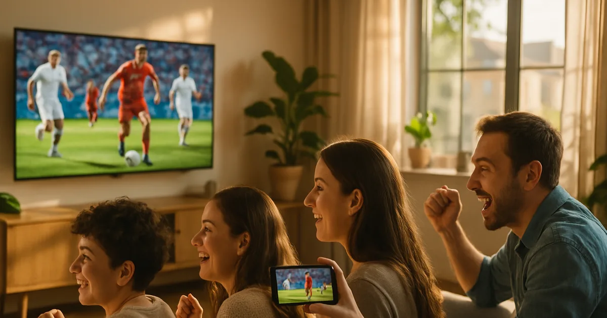 Una famiglia in un salotto luminoso guarda una partita dei Mondiali sulla smart TV mentre una persona segue lo stesso match anche sullo smartphone, passando da uno schermo all'altro.