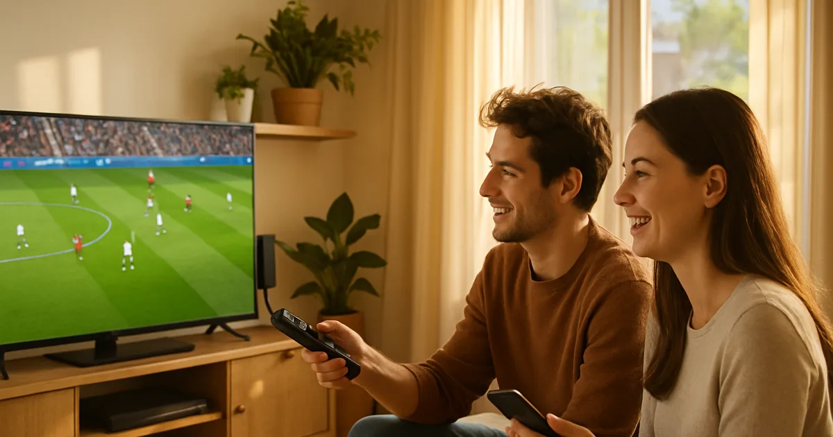 Coppia in un soggiorno luminoso guarda una partita di calcio in TV con un Fire TV Stick collegato, telecomando e smartphone in mano