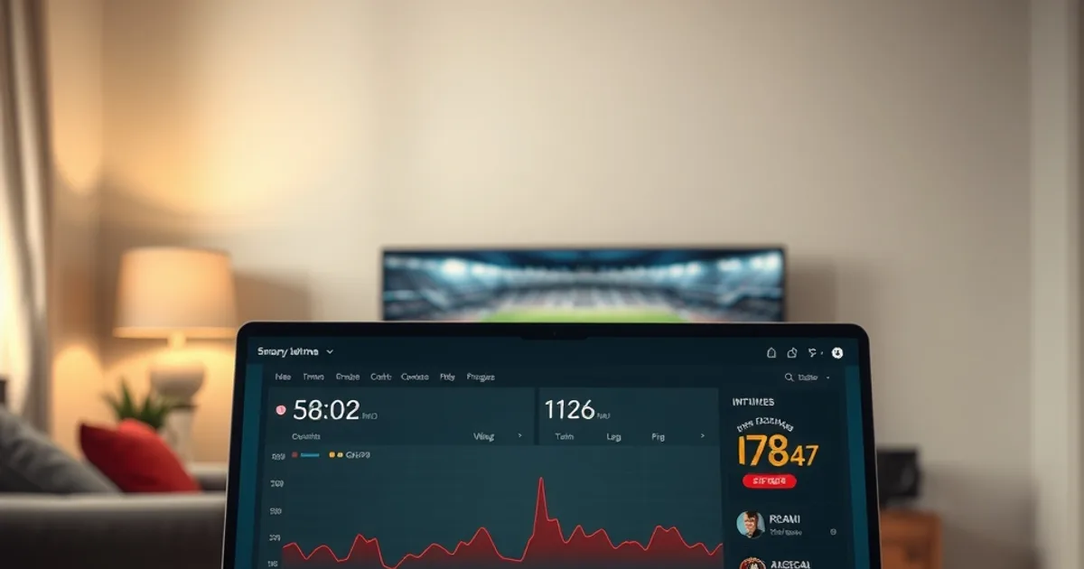 Primo piano di uno schermo di laptop in una stanza in penombra che mostra una dashboard con grafici a linee dell'uptime di più provider IPTV nell'arco di 30 giorni, mentre sullo sfondo sfocato una Smart TV trasmette una partita di calcio in un salotto