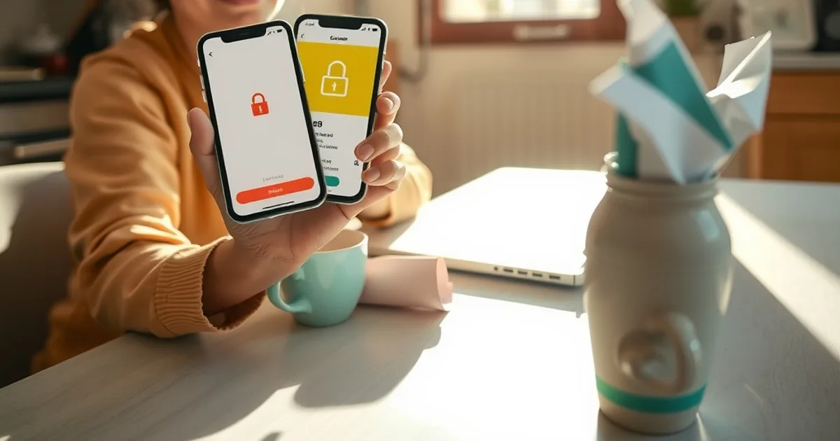 Una persona seduta a un tavolo illuminato dalla luce naturale controlla il telefono prima di completare un pagamento online in sicurezza