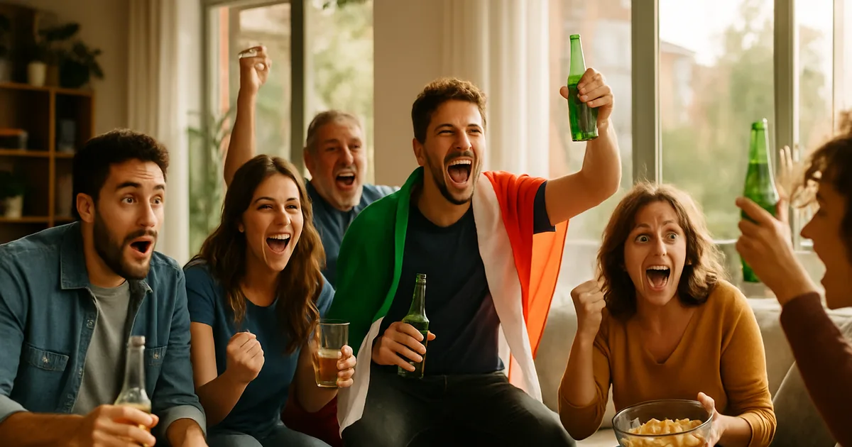 Famiglia e amici guardano con serenità una partita del Mondiale 2026 in un soggiorno luminoso, con luce naturale del pomeriggio