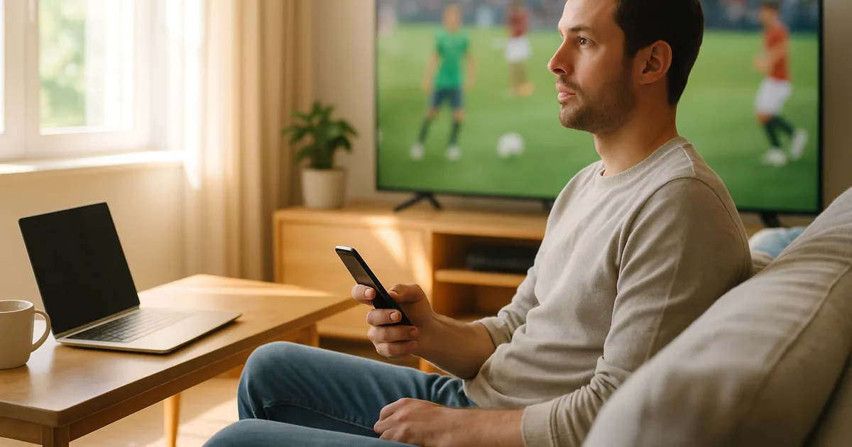 Uomo in un soggiorno luminoso guarda con espressione pensierosa lo smartphone mentre sullo sfondo una TV trasmette una partita di calcio, con laptop e caffè sul tavolino.