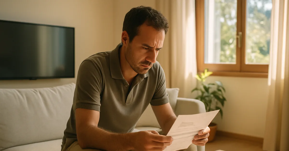 Uomo seduto sul divano di un soggiorno luminoso mentre legge preoccupato una lettera ufficiale, con lo smartphone aperto sull'app della banca e il televisore spento alle spalle