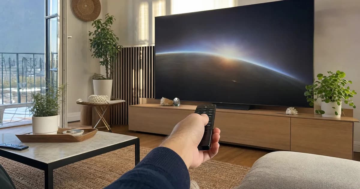 Mano con telecomando che avvia un film su un grande televisore in un salotto soleggiato