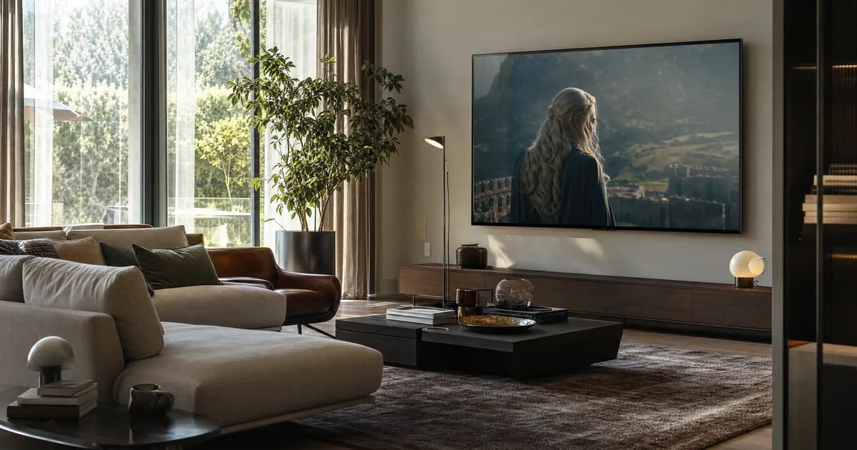 Salotto elegante con un grande televisore acceso su un film, atmosfera premium di giorno