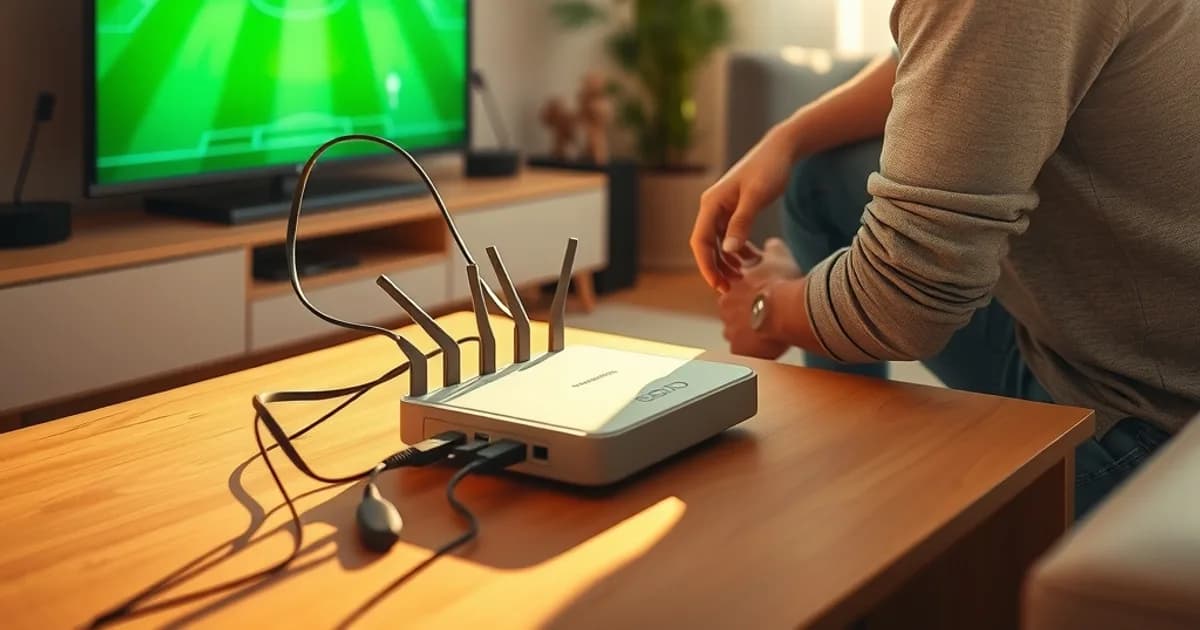 Uomo configura il router di casa con cavi Ethernet in un salotto luminoso, con la smart TV accesa sullo sfondo