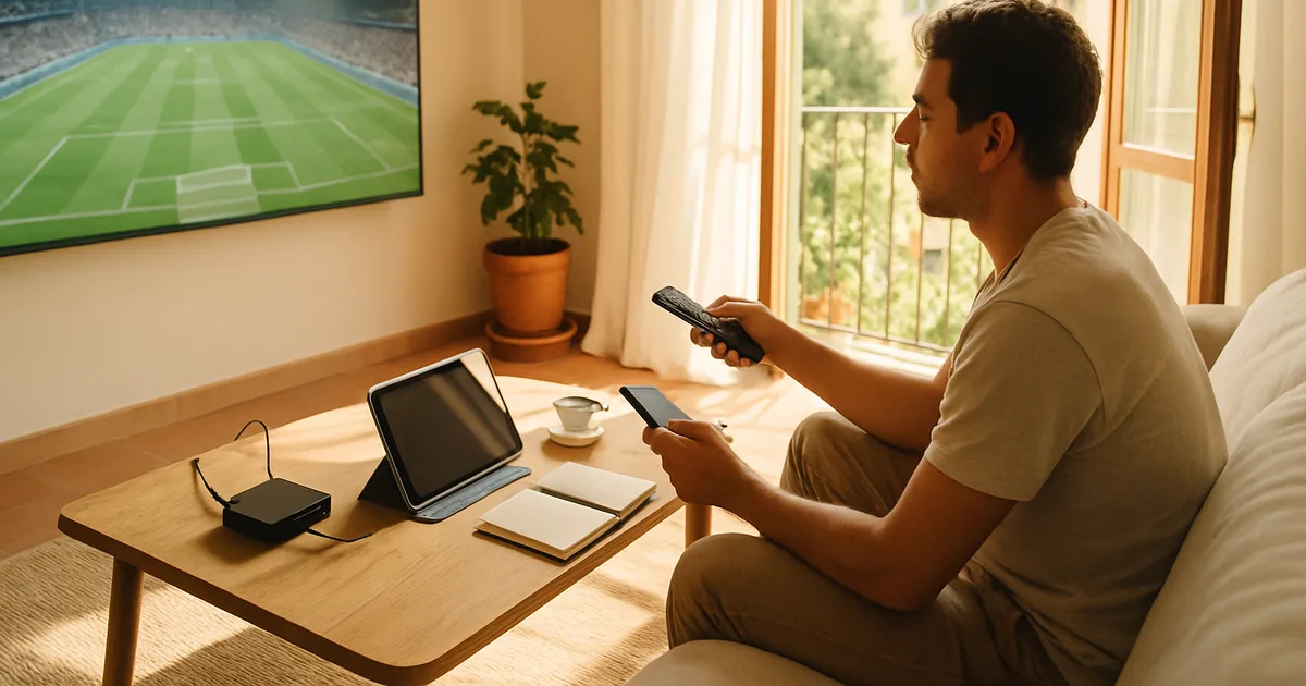 Uomo seduto sul divano in un soggiorno luminoso prepara TV, box IPTV e tablet prima di una partita di Serie A