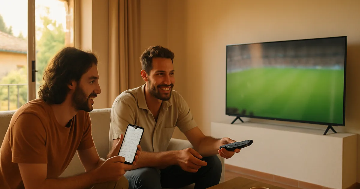 Due amici in un salotto luminoso confrontano costi e calendario su smartphone e taccuino davanti a una TV che trasmette una partita di calcio