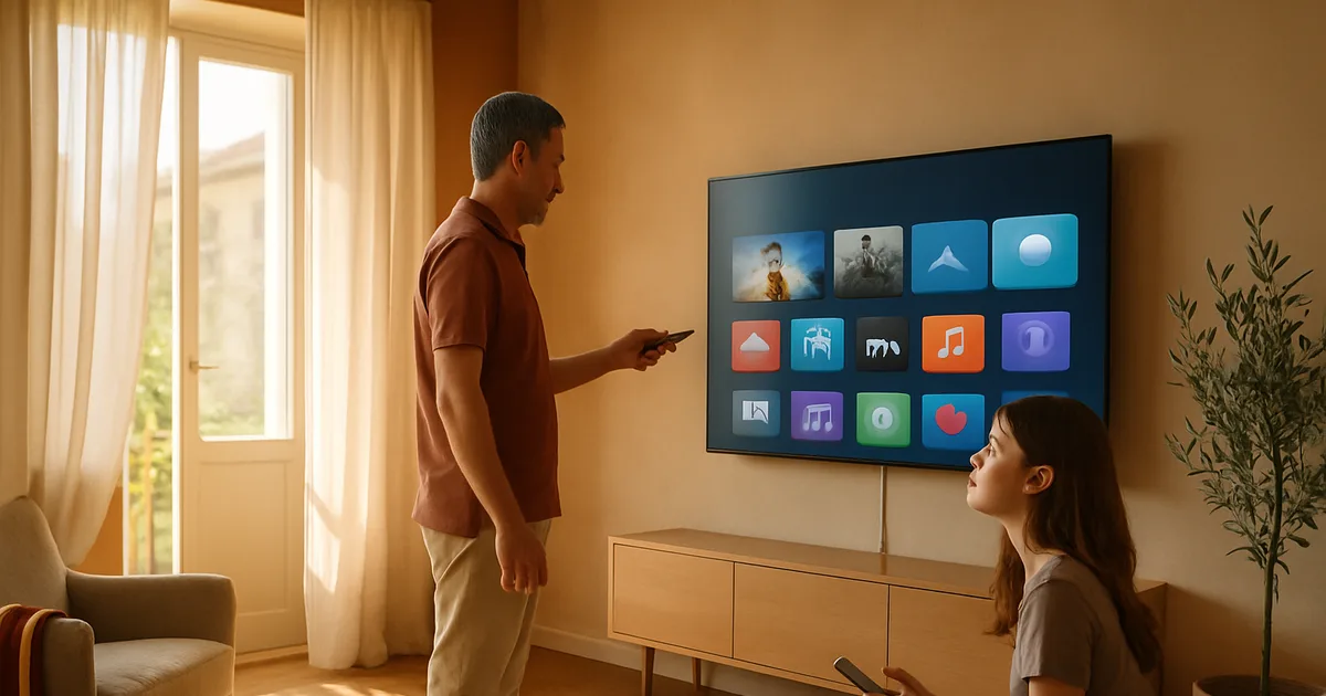 Salotto italiano illuminato dalla luce del giorno: un uomo con il telecomando naviga tra le app di una Smart TV a parete mentre la figlia lo guarda dal divano; sotto il televisore il mobile è vuoto, senza decoder, con solo un cavo di rete.
