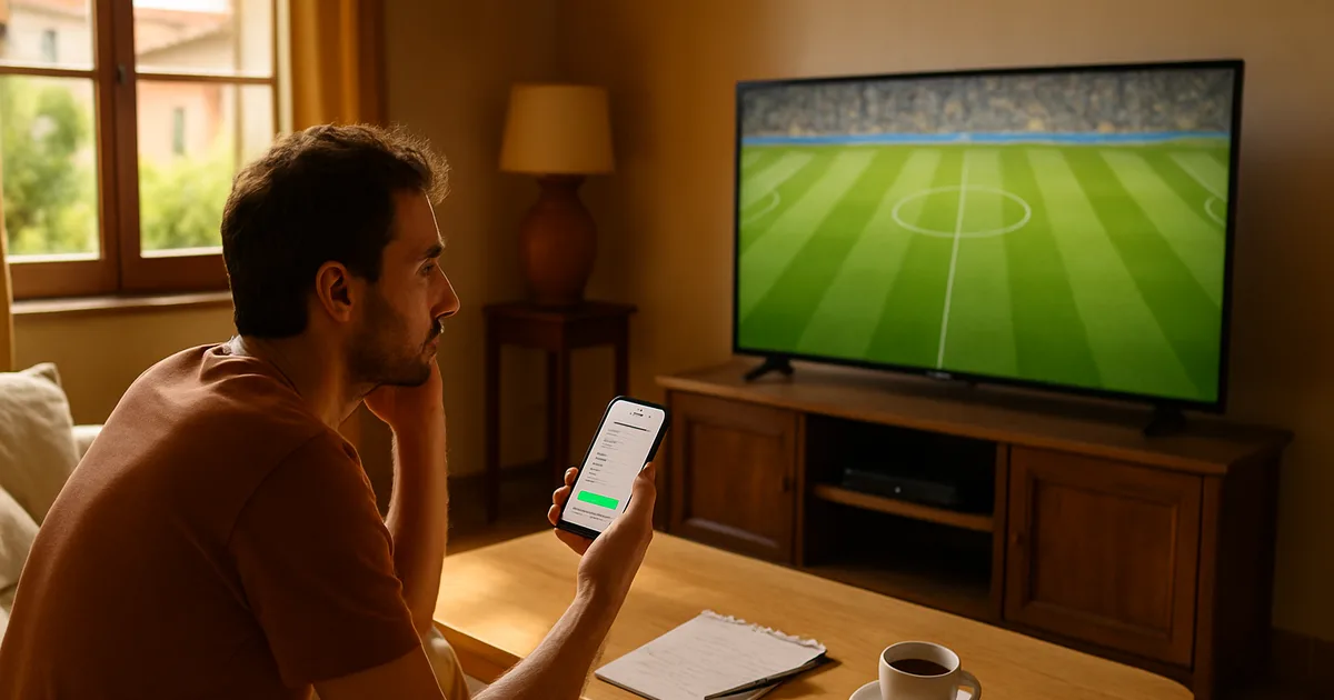 Un tifoso seduto sul divano in un salotto luminoso guarda il televisore con la partita in attesa del fischio d'inizio, mentre tiene in mano lo smartphone con una schermata di abbonamento e accanto ha un blocco con dei calcoli di spesa.