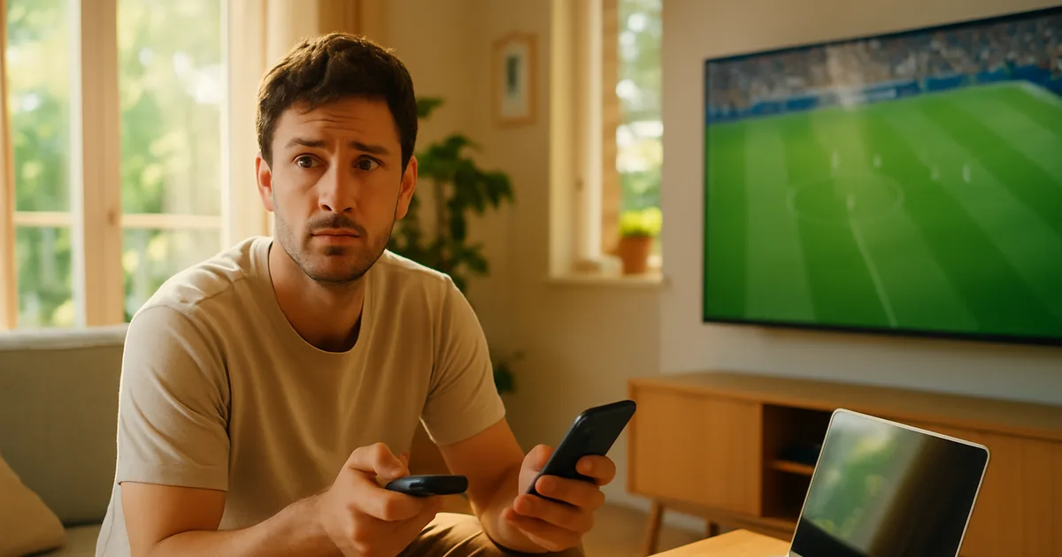 Uomo in salotto luminoso con smartphone e telecomando davanti a una TV che mostra un campo da calcio, con tablet e laptop aperti sul tavolino: destreggiarsi tra più abbonamenti per la Serie A.