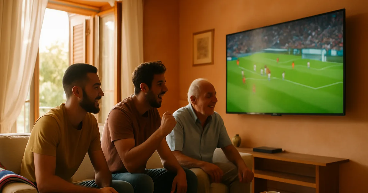 Salotto luminoso in una casa italiana in un pomeriggio di fine estate: tre persone sul divano guardano una partita di calcio in TV, con sciarpa da tifoso sul bracciolo, telecomando e caffè sul tavolino