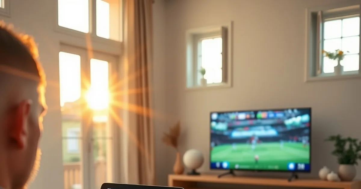 Persona in salotto luminoso confronta una partita di calcio su smart TV, tablet e smartphone durante un test di abbonamento IPTV