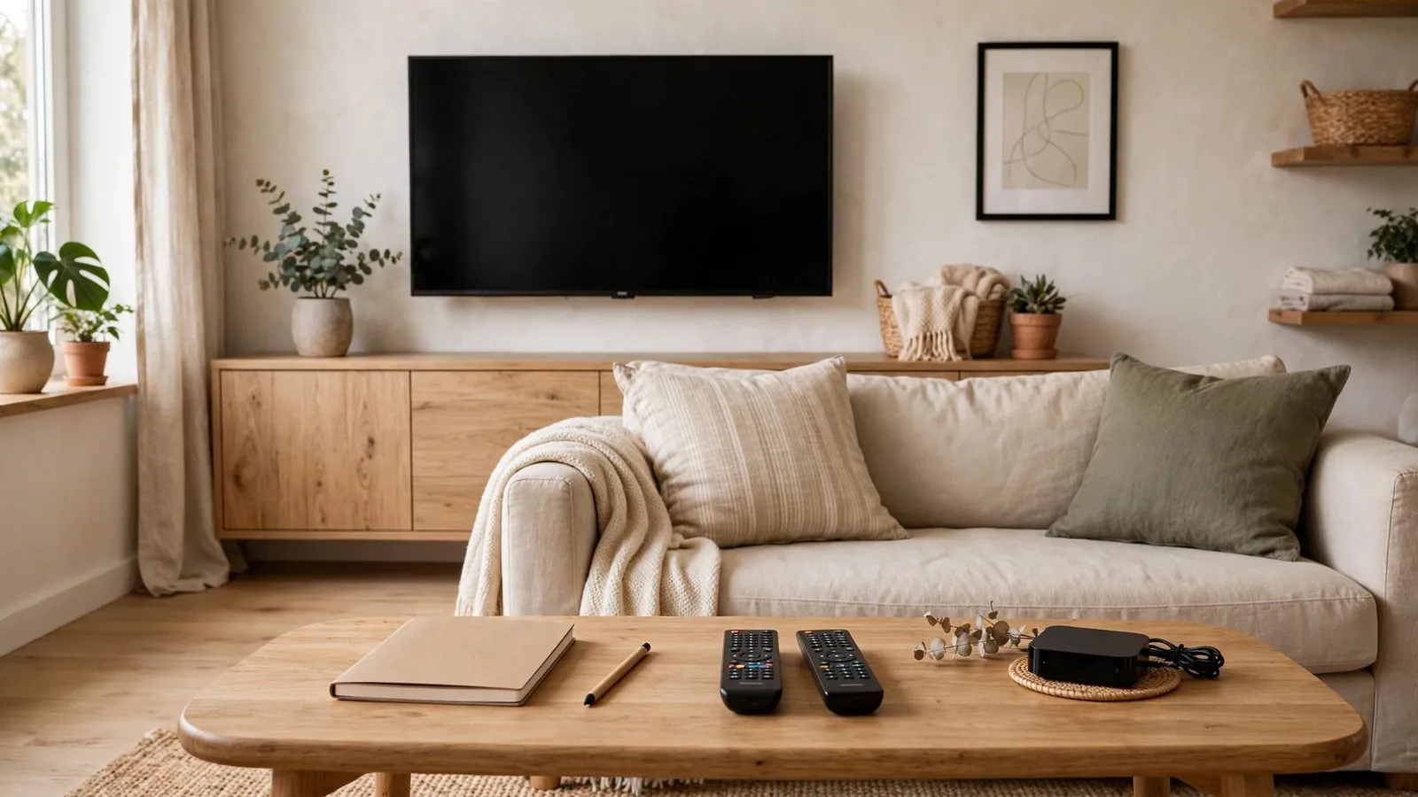 Soggiorno ordinato con divano, televisore a parete e tavolino con quaderno chiuso, telecomandi e dispositivo streaming